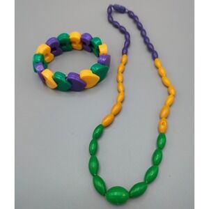 Vtg Mardi Gras Bracelet Necklace Purple Yellow Green Hearts & Beads Matching Set